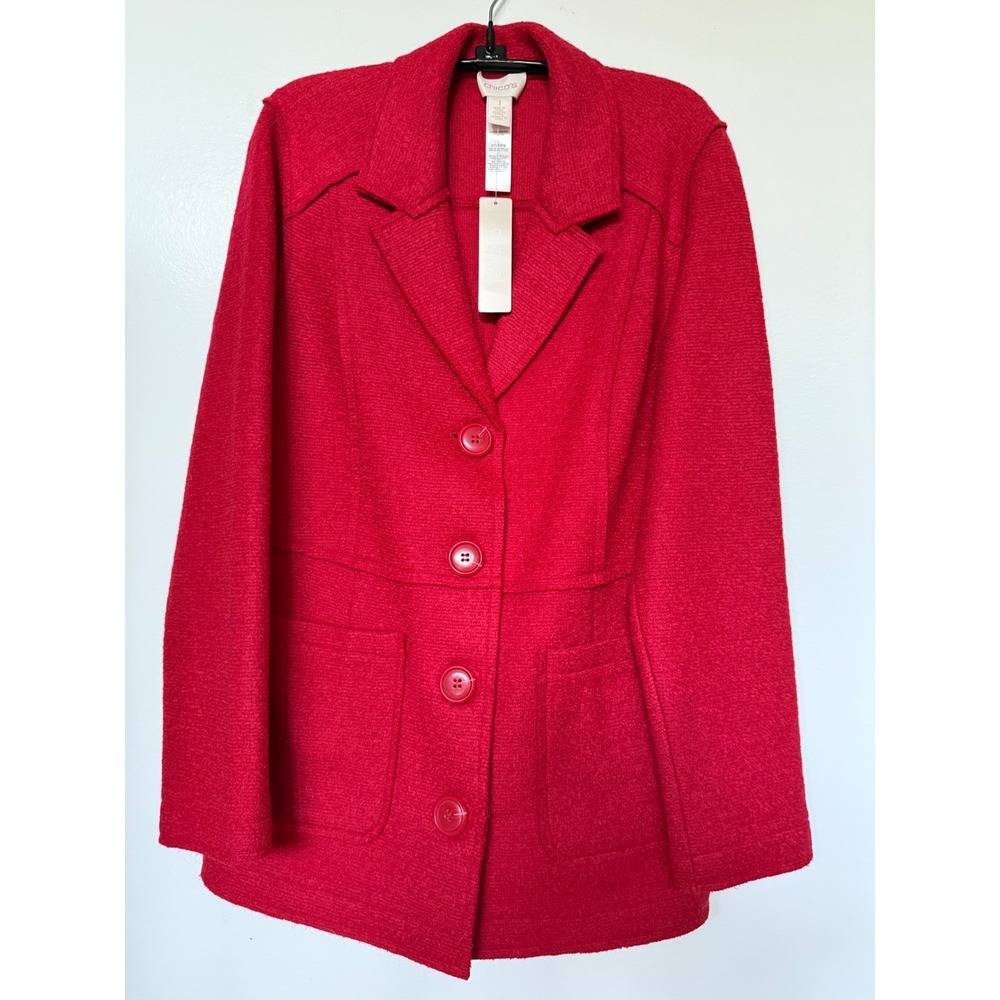 Chicos Red Wool Blend Textured Jacket Blazer Coat Size 1 Womens Career